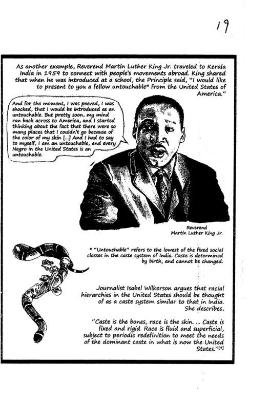 As another example, Reverend Martin Luther King Jr. traveled to Kerala India in 1959 to connect with people’s movements abroad. King shared that when he was introduced at a school, the Principle said, “1 would like,  o present to you a fellow untouchable® From the United States of  America (and for the moment, | was pesved, | was Shocked, that | would be introduced a5 an. untouchable. But pretey soon, my mind o bk crss o Amaricnand 1 Stared Ehinking abou the face that there were 50 mang places that  couldn’t go because of the color of my skin ] And | had to say o maself, | am an untouchable, and every Negro in the United States is an unbouchable.  Reverend Martin Luther King Jr.  = “Untouchable” refers to the lowest of the Fixed social clssas in the caste system of idia. Caste s detarmined o birth, and cannot bt changed.  Journalist 1sabel Wilkerson argues that racial hierarchies in the United States should be thought of as a caste system similar to that n India.  ‘She describes,  “Caste is the bones, race is the skin. . Caste is  Fixed and rigid. Race is flid and superficial, subject to periodic redefinition to meet the needs of the dominant caste in what is now the United.  States. 4  